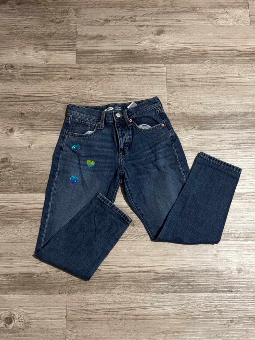 Old Navy Navy Blue Girls' Jeans with Multicolor Sequin Hearts size 10 girls